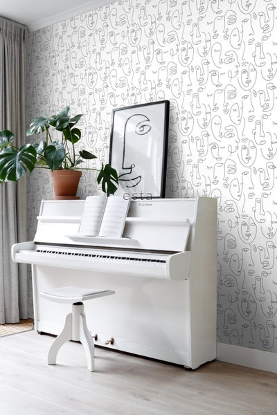 ESTAhome Tapete Line Art Gesichter Schwarz-Weiß - 53 cm x 10.05 m - 139145