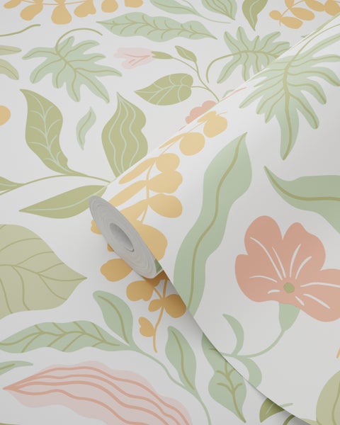 ESTAhome Tapete Blätter und Blumen Grün, Rosa und Orange - 50 x 900 cm - 131048