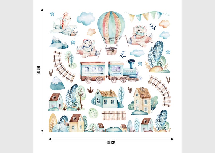 Wandsticker-Set im Aquarell-Stil für Kinderzimmer mit Tieren in Flugzeugen, Heißluftballon, Zug und Häusern, Format 30 mal 30 Zentimeter.