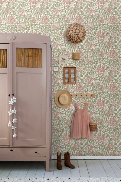 ESTAhome Tapete Blumen Graugrün und Terrakotta - 50 x 900 cm - 131028