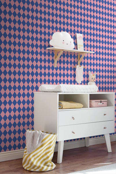 ESTAhome Tapete Karomuster Blau und Rosa - 50 x 900 cm - 131601