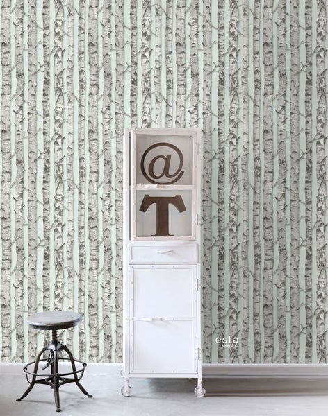 ESTAhome Tapete Birkenstämme Pastell Mintgrün und Grau - 53 cm x 10.05 m - 138890