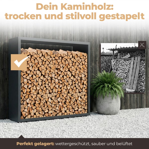 Moderner Brennholzunterstand aus Metall mit ordentlich gestapeltem Holz vor einer Holzwand, neben einem Pflanzgefäß mit Farn auf Kies.