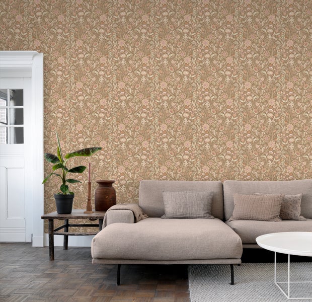 ESTAhome Tapete Blumenmuster Braun und Rosa - 50 x 900 cm - 131329