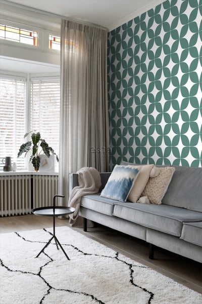 ESTAhome Tapete grafisches Motiv Seegrün und Weiß - 53 cm x 10.05 m - 139099