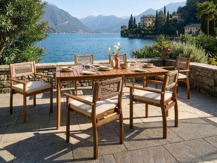 Gartenszene mit Esstisch und Stühlen auf einer Terrasse mit Seeblick.