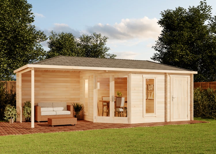 Alpholz 5-Eck Gartenhaus Liwa mit Anbau aus Holz in Naturbelassen mit 40mm Wandstärke und Überdachter Terasse