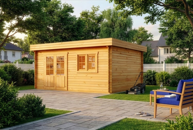 Modernes Gartenhaus aus Holz mit Fenster und Doppeltür auf Rasenfläche