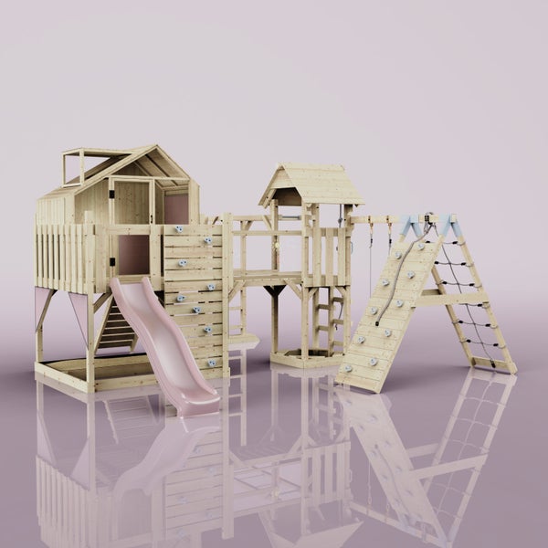 Holzspielplatz mit Rutsche, Kletterwand und Kletterturm