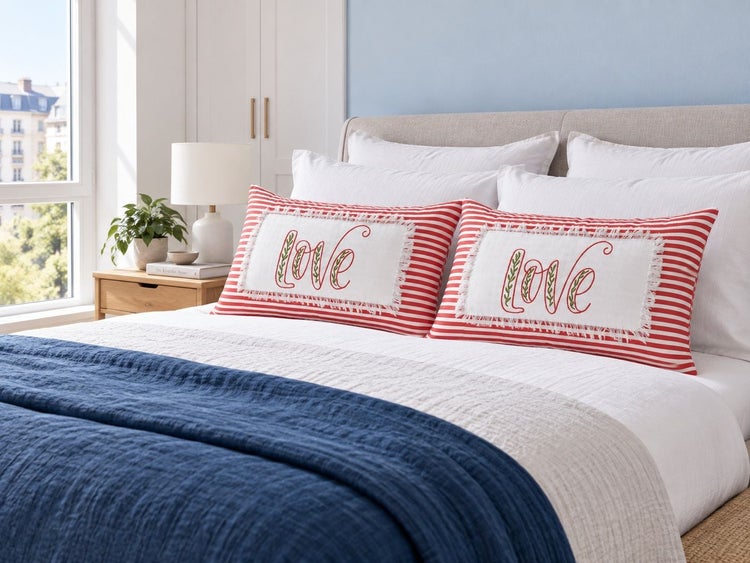 Zwei rechteckige Zierkissen mit rot weißem Streifenmuster und gesticktem Schriftzug Love auf einem gemütlich eingerichteten Doppelbett.