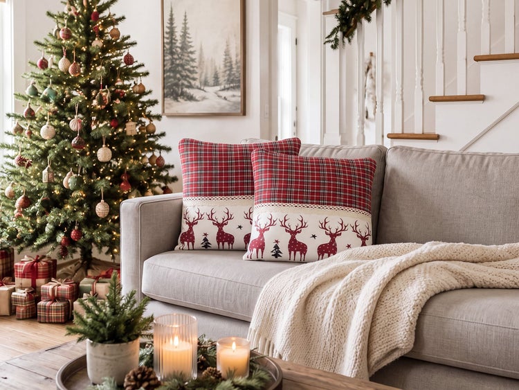 Zwei Zierkissen mit Rentier- und Karomuster auf einem Sofa in einem weihnachtlich dekorierten Wohnzimmer mit geschmücktem Tannenbaum.