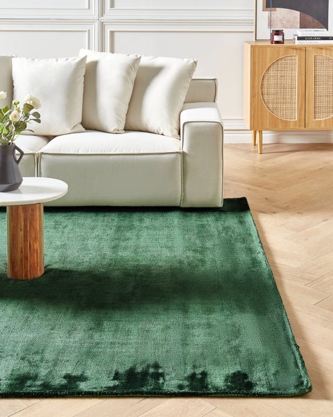 Innenraumszene mit Sofa, Couchtisch, Kommode und einem grünen Teppich