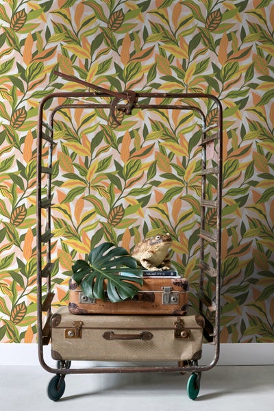 ESTAhome Tapete tropische Blätter Grün, Orange und Gelb - 50 x 900 cm - 131040