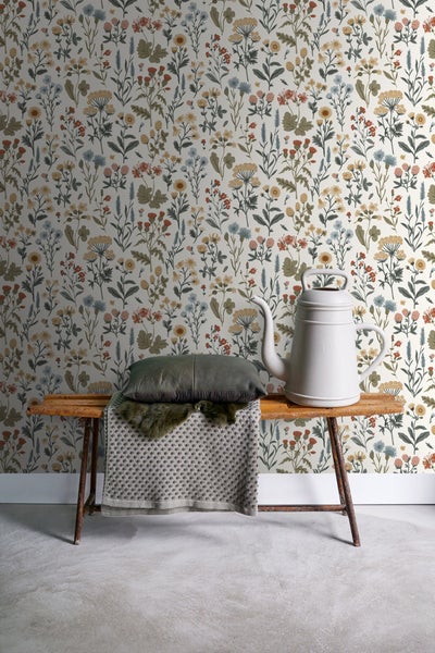 Sanders und Sanders Tapete Feldblumen Ockergelb, Grün, Blau und Terrakotta - 50 x 900 cm - 935381
