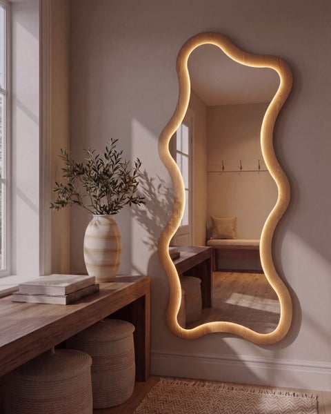 Großer Wandspiegel mit organischer Form und integrierter LED Beleuchtung in einem modern eingerichteten Flur mit Holztisch und Dekoration.