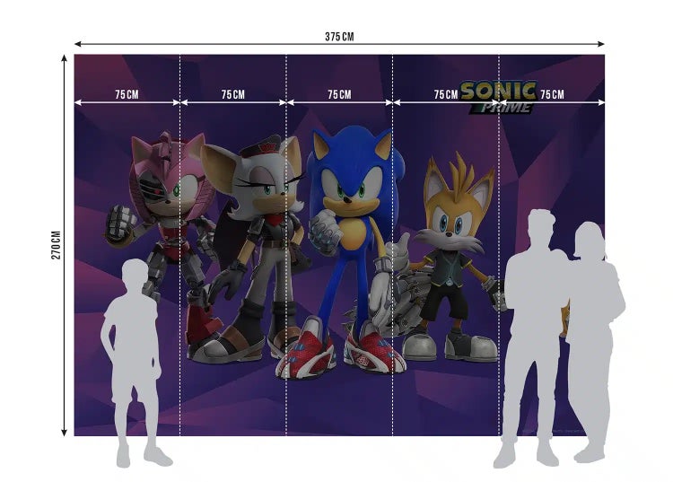 Sonic Prime Fototapete mit Sonic, Tails, Rouge und Amy Rose. Maße: 375 Zentimeter Breite und 270 Zentimeter Höhe, aufgeteilt in fünf Bahnen.