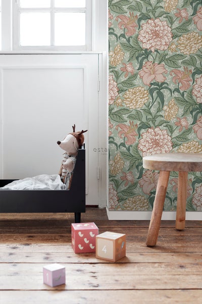ESTAhome Tapete Blumenmuster Grün und Altrosa - 53 cm x 10.05 m - 139378