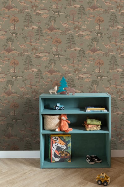 ESTAhome Tapete Dinosaurier Graugrün und Braun - 50 x 900 cm - 131657