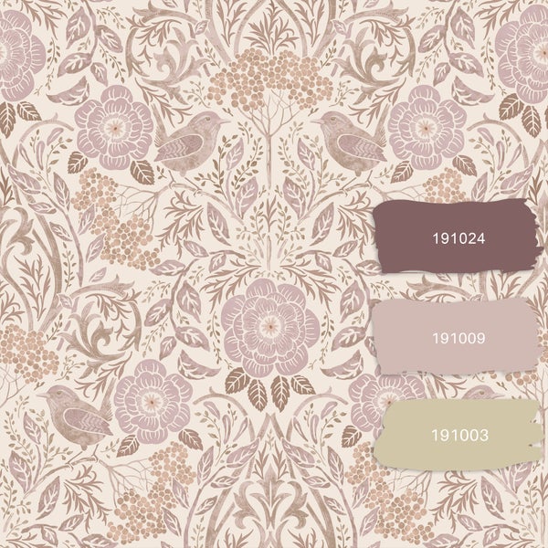 ESTAhome Tapete Blumen und Vögel Sandbeige und Violett - 53 cm x 10.05 m - 139829