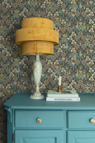 ESTAhome Tapete Blumenmuster im Jugendstil Graugrün, Blau und Beige - 50 x 900 cm - 130994