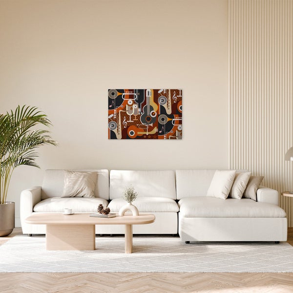 Wandbild mit Musikinstrumenten im Wohnzimmer.