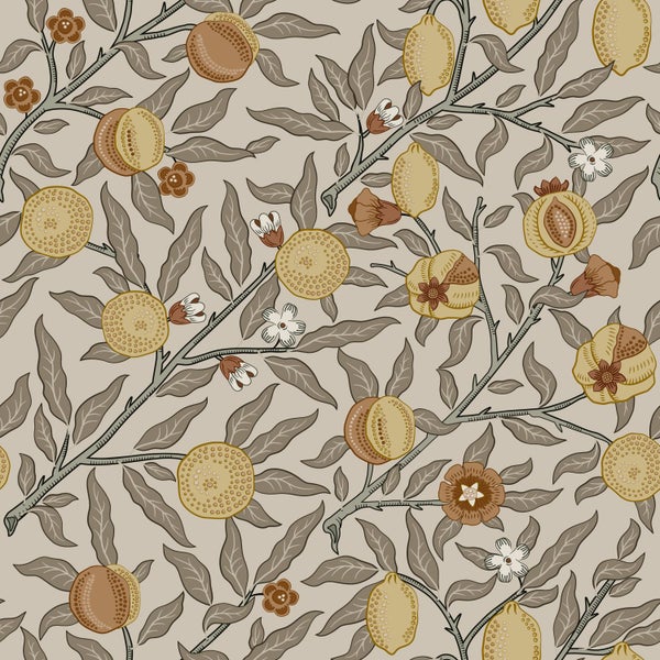 ESTAhome Tapete exotischen Früchten und Blättern Graugrün, Terrakotta und Ockergelb - 50 x 900 cm - 131171