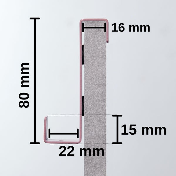 Heizkörperhaken mit Maßangaben: Höhe 80 Millimeter, obere Breite 16 Millimeter, untere Breite 22 Millimeter, Hakenhöhe 15 Millimeter.