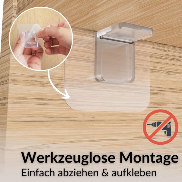 Transparente, selbstklebende Halterung wird ohne Bohren auf Holz montiert. Detailansicht zeigt das Abziehen der Schutzfolie.