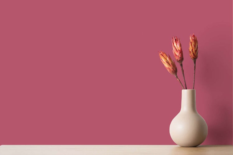 Matt gestrichene Wandfarbe in Altrosa an einer Innenwand mit einer Vase auf einem Holztisch davor.