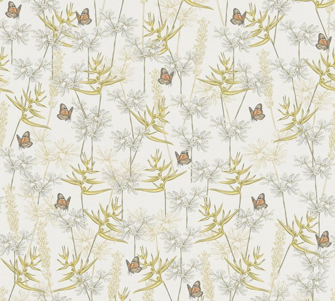 Szene mit Blumentapete und Schmetterlingen, Tischleuchte und Dekoschale