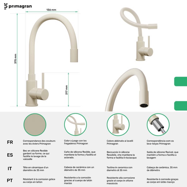 Primagran Küchenarmatur mit flexibler Silikonbrause und Maßangaben