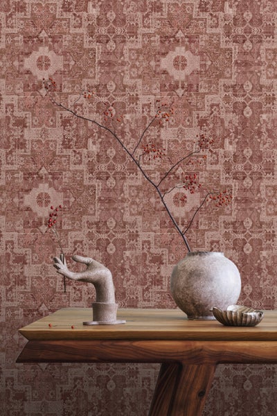 ESTAhome Tapete orientalisches Kelim-Patchwork dunkel Terrakotta-Rosa - 50 x 900 cm - 131364