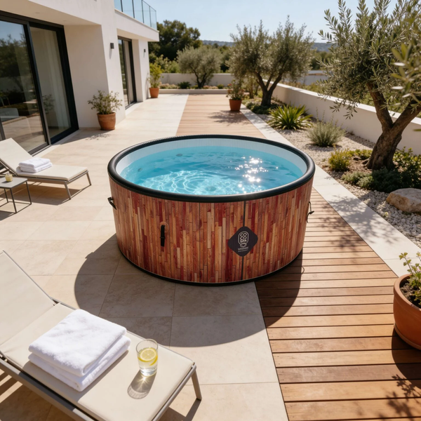 Aufblasbarer Whirlpool in Holzoptik auf einer hellen Terrasse mit Holzdeck, Steinfliesen, Liegestühlen und Olivenbäumen.