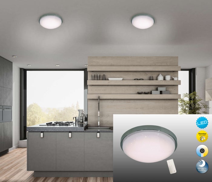 Zwei LED-Deckenleuchten in moderner Küche mit Kochinsel und Regalen