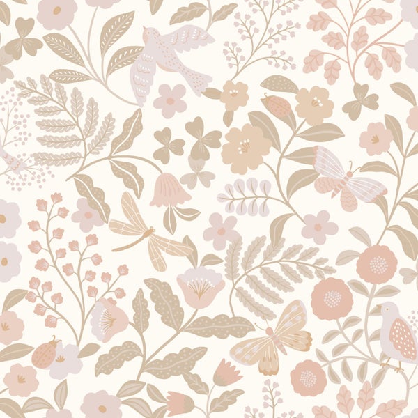 ESTAhome Tapete Blumen und Vögel Weiß, Beige und Hellrosa - 53 cm x 10.05 m - 139866