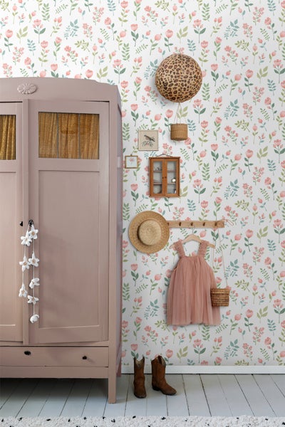 ESTAhome Tapete Blumen Rosa und Graugrün - 50 x 900 cm - 139977