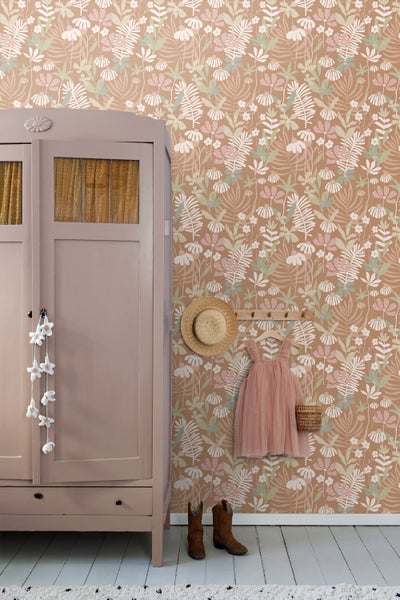 ESTAhome Tapete tropische Blätter und Blüten Hellbraun und Mehrfarbig - 50 x 900 cm - 130996