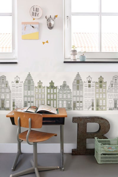 ESTAhome XXL-Tapetenbordüre Amsterdamer Grachtenhäuser Armeegrün - 50 x 400 cm - 157715
