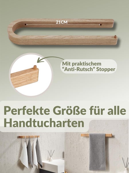 U-förmiger Handtuchhalter aus Holz mit 21 Zentimeter Länge, einem integrierten Stopper gegen Abrutschen und Anwendungsbeispielen für Handtücher.