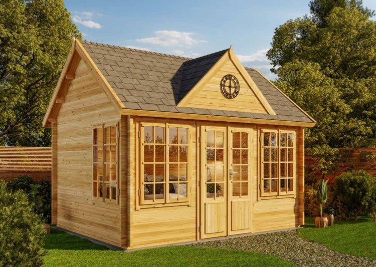 Alpholz Gartenhaus CLOCKHOUSE® 70 Royal ISO Gartenhaus aus Holz Holzhaus mit 70 mm Wandstärke, Blockbohlenhaus mit Montagematerial imprägniert 4,2x3,2m