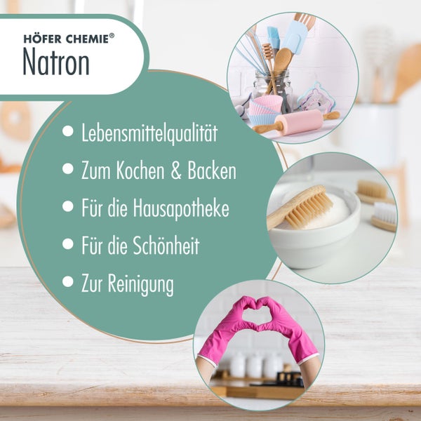 Höfer Chemie Logo Natron with list of applications: food quality, for cooking and baking, for the home pharmacy, for beauty, for cleaning