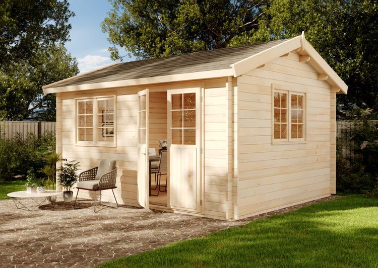 Alpholz Gartenhaus Collin ISO Premium Gartenhaus aus Holz in natur, Holzhaus mit 70 mm Wandstärke, Blockbohlenhaus mit Montagematerial imprägniert 4,8x3,9m