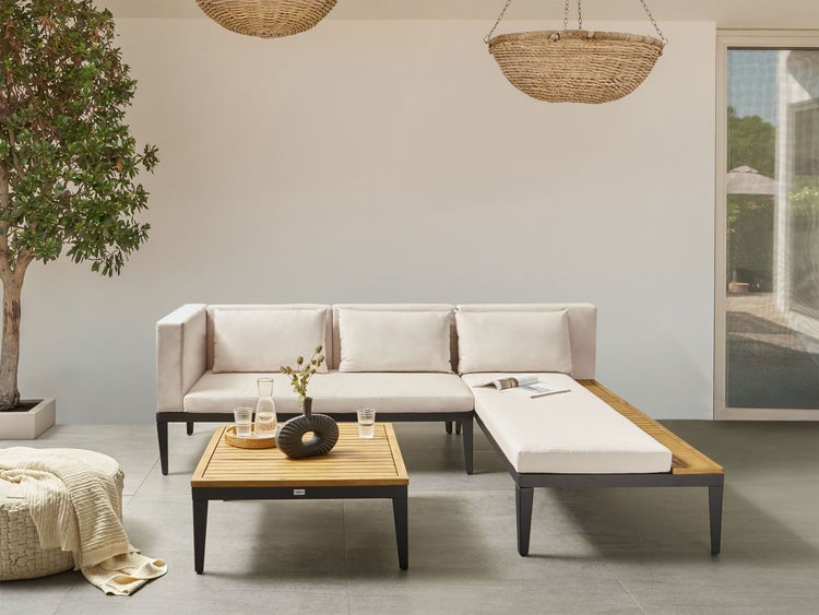 Garten Ecksofa mit Tisch 3-Sitzer BRACCIANO linksseitig zertifiziertes Akazienholz Hellbeige