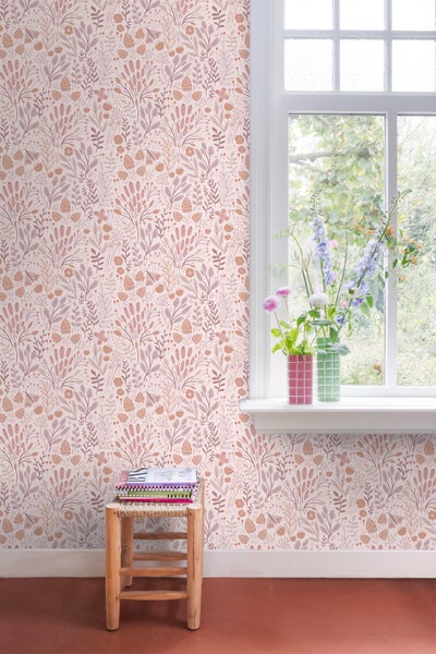 ESTAhome Tapete Blätter und Blumen Violett und Terrakotta - 50 x 900 cm - 131386