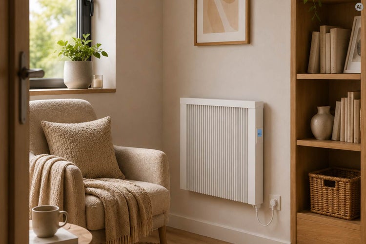 Wandmontierter elektrischer Konvektor mit digitalem Thermostat in einem gemütlich eingerichteten Wohnraum neben einem Sessel.