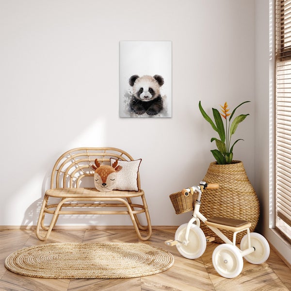 Kinderzimmer mit Panda Wandbild, Rattansitzbank und Dreirad