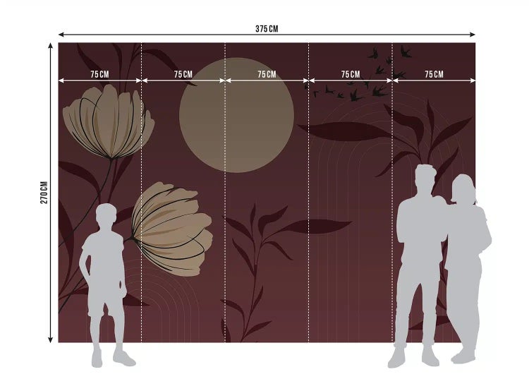 Fototapete mit Naturmotiv aus Blumen, Blättern und Kreis. Maße 375 Zentimeter mal 270 Zentimeter, fünf Bahnen zu je 75 Zentimeter.