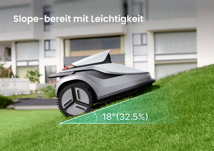 Mähroboter auf einer Rasenfläche mit einer Steigung von 18 Grad oder 32,5 Prozent.