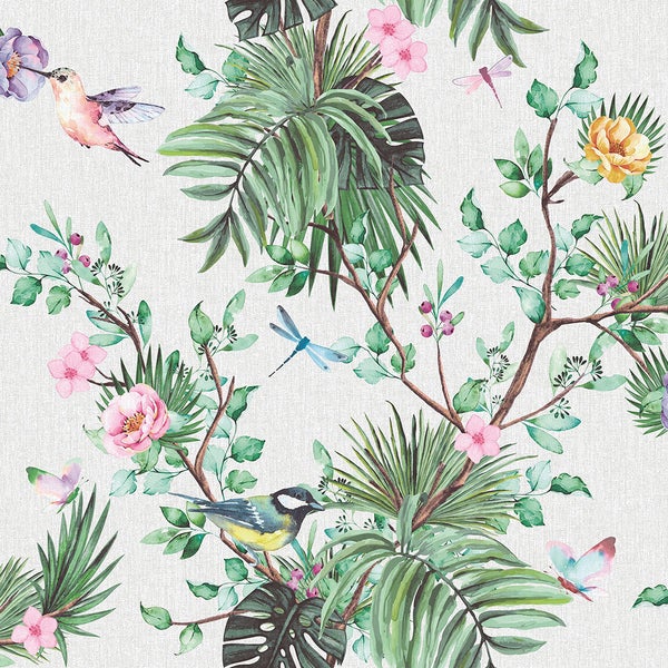 Sanders und Sanders Tapete tropische Dschungelblätter und Paradiesvögel Grün - 53 cm x 10 m - 640001
