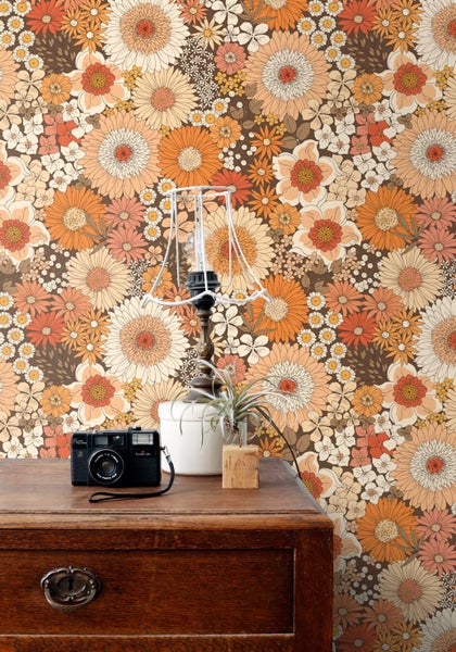 ESTAhome Tapete Retro Blumen Orange und Terrakottarosa - 50 x 900 cm - 131318